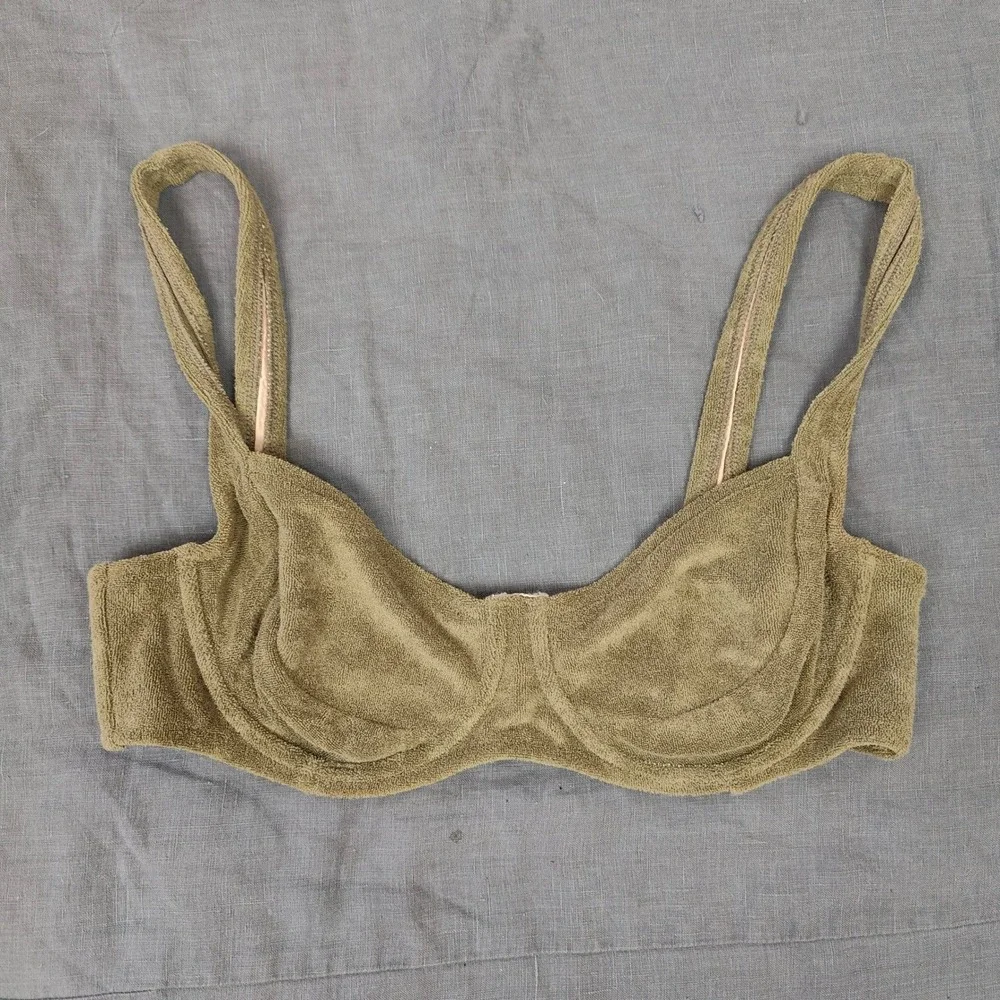 Zulu & Zephyr‎ Bikini Top Women 6 Olive Green Terry Cloth Underwire Balconette